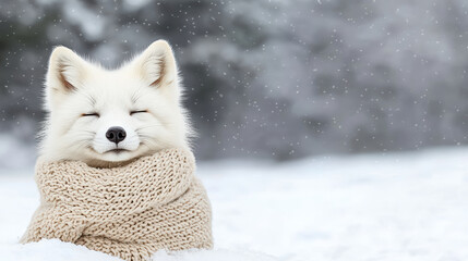 Smiling white fox in knitted scarf in snowy landscape