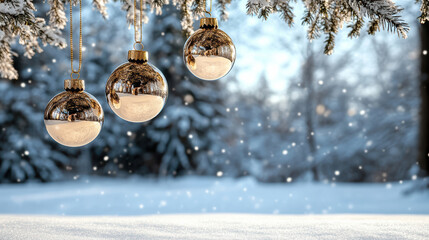 Gold Christmas ornament silver ornament hanging bauble snow scene evergreen branch winter