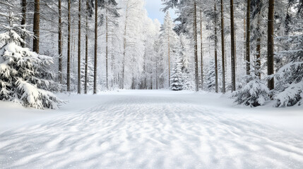 Snowy forest path with tall pine trees and glittering fresh snow, serene winter scene