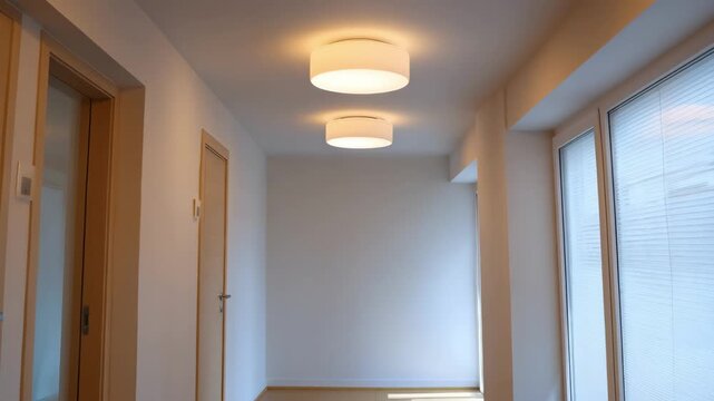 Medium shot of residential ceiling lights responding to movement and ambient light sensors creating a comfortable ecofriendly atmosphere.