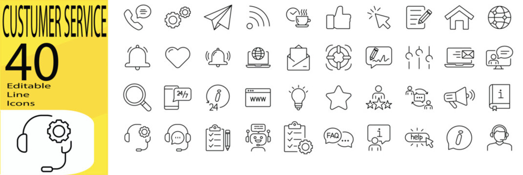 Editable stroke customer support icon set