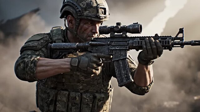 A tense soldier in tactical gear with weapon amidst smoke looks away on the battlefield