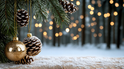 Snow dusted pine branch with golden bauble and pinecone lights creating warm festive mood