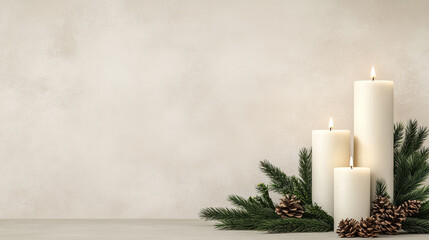 Festive candle arrangement with pine and pinecone, warm glow, minimalist holiday decor
