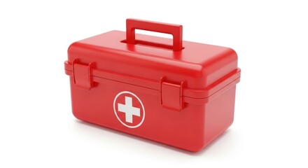 Red first aid kit with a white cross emblem.