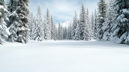 Fresh snow winter forest with sunlit frosted pine trees and serene mood
