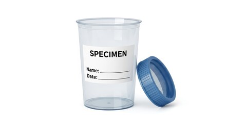 Empty medical specimen cup with blue lid