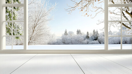Snowy landscape outside large window, bright winter morning with frosted trees and clear sky