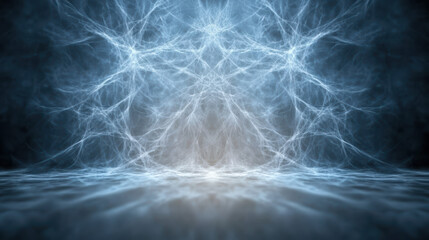 Frosty fractal snowflake pattern glowing blue surreal reflection