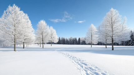 Obraz premium Snow covered field with frosted trees and clear blue sky evoking peaceful winter calm