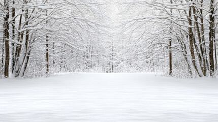 Snow covered trees forming quiet frosted winter tunnel with soft light