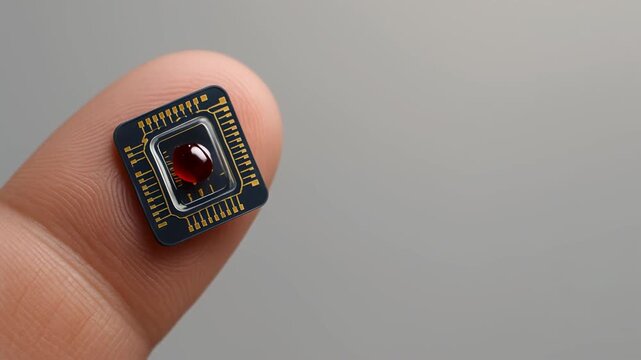 Tiny microchip sensor on finger powerful processor component for future biotech breakthroughs in medicine, showcasing advanced innovation and progress in science