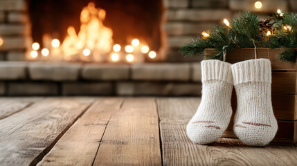 Obraz premium Cozy knitted baby socks by fireplace with warm bokeh lights and pine decor