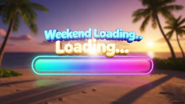 A digital art beach scene with palm trees. "Weekend Loading" text with a progress bar overlays the beach landscape