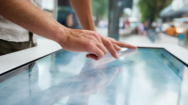 Closeup on hands interacting with a touchscreen display for electronic signatures emphasizing userfriendly technology in a paperless document signing area.