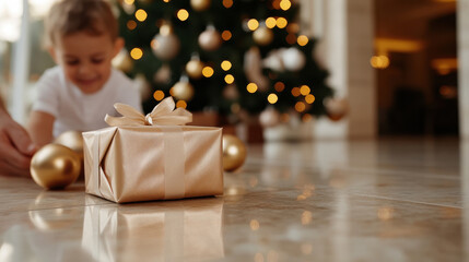 A young child excitedly discovers a beautifully wrapped Christmas gift beside a glittering tree, capturing the magical moment of surprise and joy during the festive holiday season.