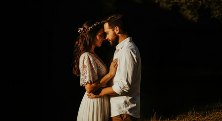 Romantic couple embracing with foreheads touching in a dark forest during golden hour with a shallow depth of field and warm tones.