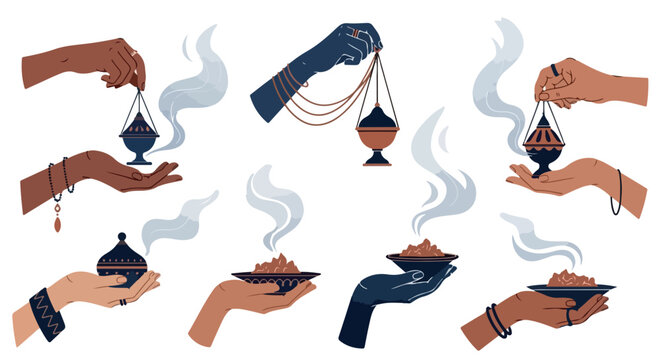 Hands holding incense burners with smoke