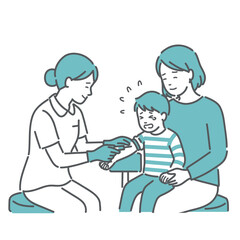 採血・注射を嫌がり泣く男の子と付き添う母親（小児科）