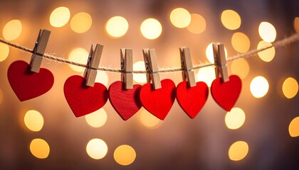 Happy Valentine's Day wedding birthday background banner panorama greeting - Red hearts hang on wooden clothes pegs on a string, with bokeh lights in the background
