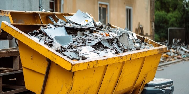 Large Roll-Off Dumpster Filled with Construction Debris in Urban Demolition and Reconstruction Zone