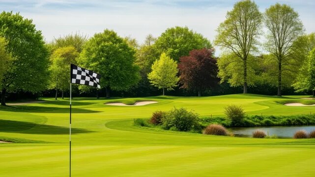 Golf course with checkered flag, sand traps and water hazard green grass