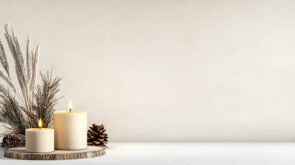 Minimal winter candle scene with dried grasses, pinecone and warm glow