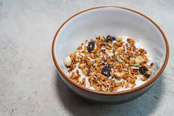 Greek yogurt with healthy granola cereal and nuts