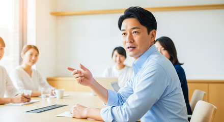 Japanese male leader presenting in office business meeting