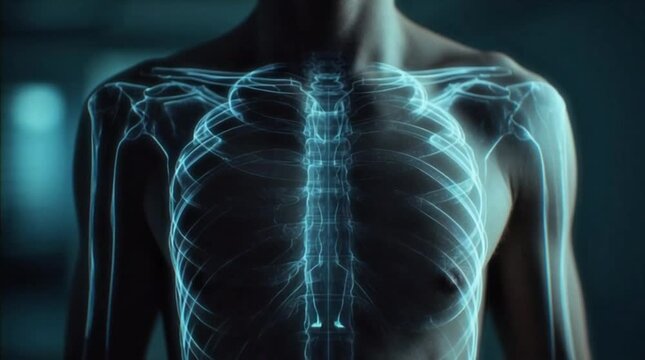 Human Body X-ray View of Skeletal Structure Chest Area Blue Glow