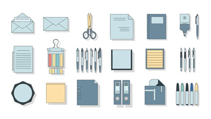 Isolated vector clip art depicts office supplies on a white background