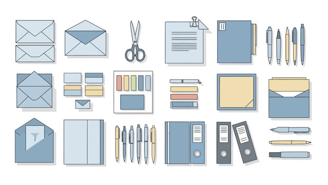 Illustration of office supplies paper envelopes pens scissors file folders and sticky notes