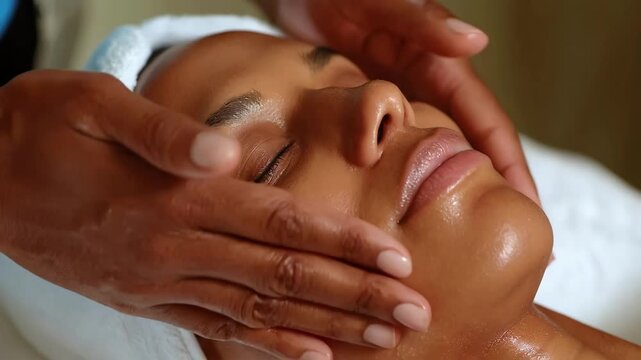 Medium shot of relaxed facial expression coaching emphasizing soft features gentle eye gaze and calm demeanor during the session.