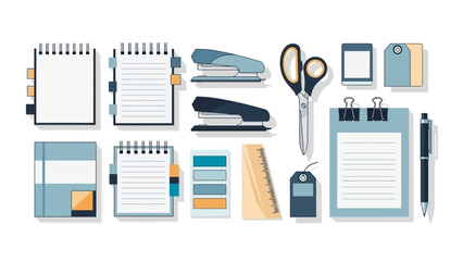 Office supplies notebooks staplers scissors pen ruler and tags on a white background