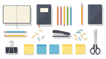 Office supplies scattered notebooks pencils stapler paper clips scissors binder clip and sticky notes