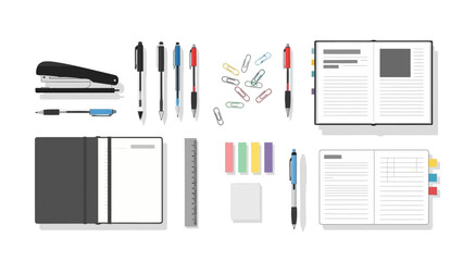 Office supplies stapler pens paperclips ruler sticky notes notebooks and books arranged on a white background