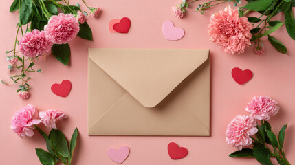Romantic flat lay composition of love letter envelope with pink carnation flower and red heart shape on pastel pink background for valentine