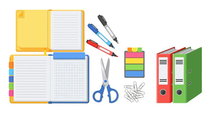 Office supplies two notebooks markers scissors paper clips and two binders