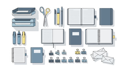 Office supplies trays scissors pens notebooks clips  envelopes