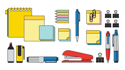 Stationery assortment notebooks pens clips  stapler on a white backdrop