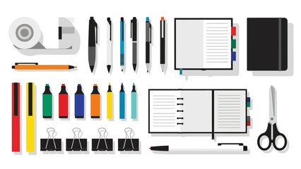 Stationery assortment pens markers notebooks tape scissors clips all neatly arranged