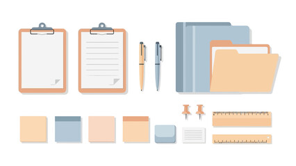 Stationery illustration showing clipboards pens folders sticky notes tacks rulers