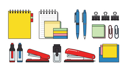 Stationery illustration featuring notebooks pens clips highlighters and staplers