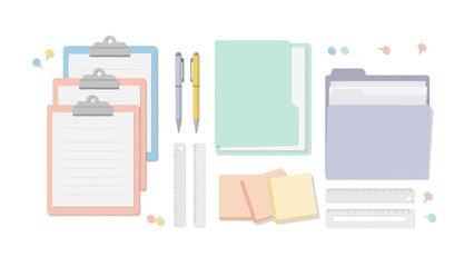 Stationery items clipboards folders pens rulers sticky notes and pushpins arranged on a white background