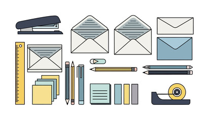 Stationery items include envelopes pens ruler stapler tape and sticky notes on a white background