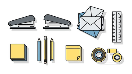 Stationery items staplers envelopes pads pencils ruler tape dispenser arranged on a white surface