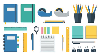 Stationery notebooks pencils tape clips rulers pens  pads in a flat vectorstyle illustration