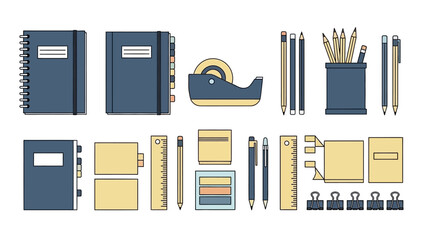 Stationery notebooks tape dispenser pencils pen holder ruler sticky notes binder clips on a white background