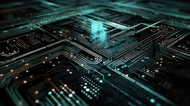 Computer futuristic boards with microchips energy chips and transistors on high tech computer abstract background. Data center, big data. AI generated - Powered by Adobe
