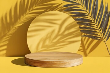 minimal abstract background for product presentation, a round wooden podium with a shadow on a yellow color backdrop and a palm leaf. --ar 3:2 --v 7 Job ID: aed4c087-68aa-42f3-ac66-6b022430dbc3